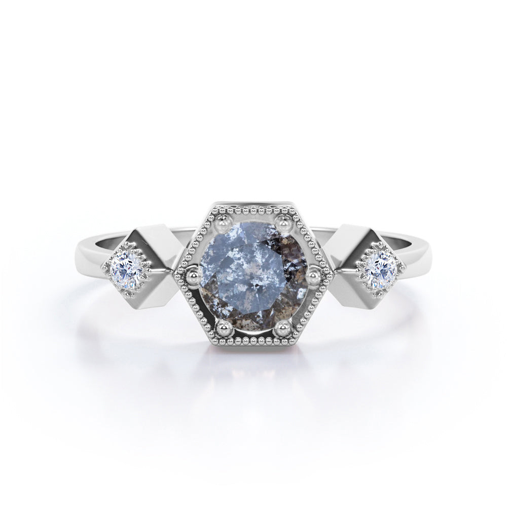 Trio Bezel 0.6 carat Round cut Salt and pepper diamond and White diamond milgrain halo engagement ring in yellow gold