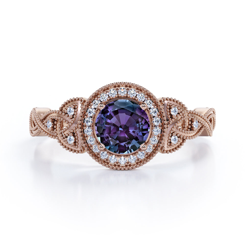 Exquisite halo 1.5 carat Round cut Lab made Alexandrite and diamond-floral patterns-engagement ring in White gold