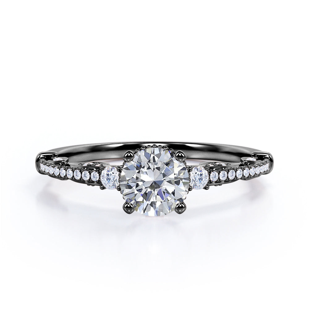 Triple stone 1.35 carat Round cut Moissanite and diamond art deco inspired engagement ring in Rose gold