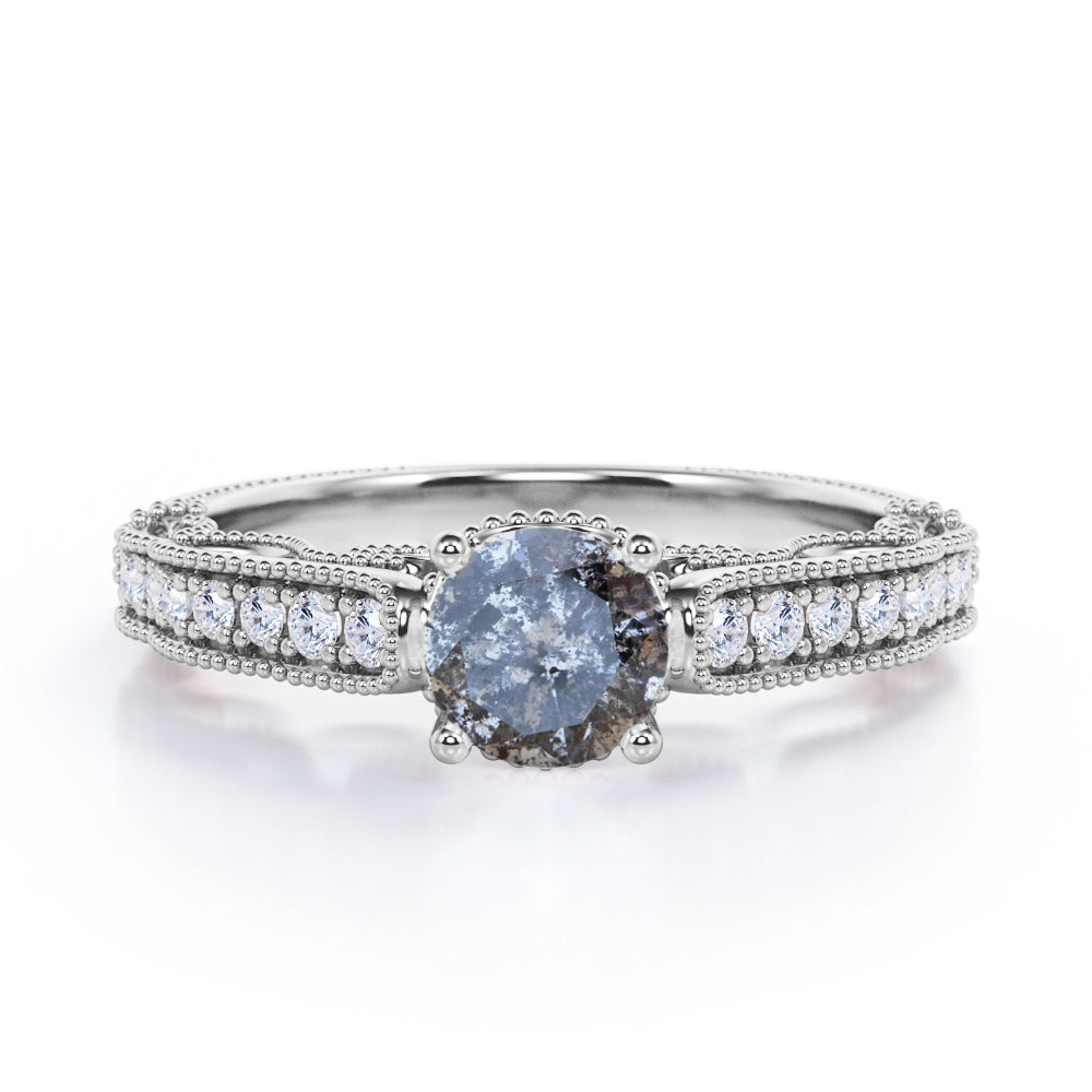Eccentric filigree 0.75 carat Round cut Salt and pepper diamond and White diamond channel setting engagement ring for women in Rose gold
