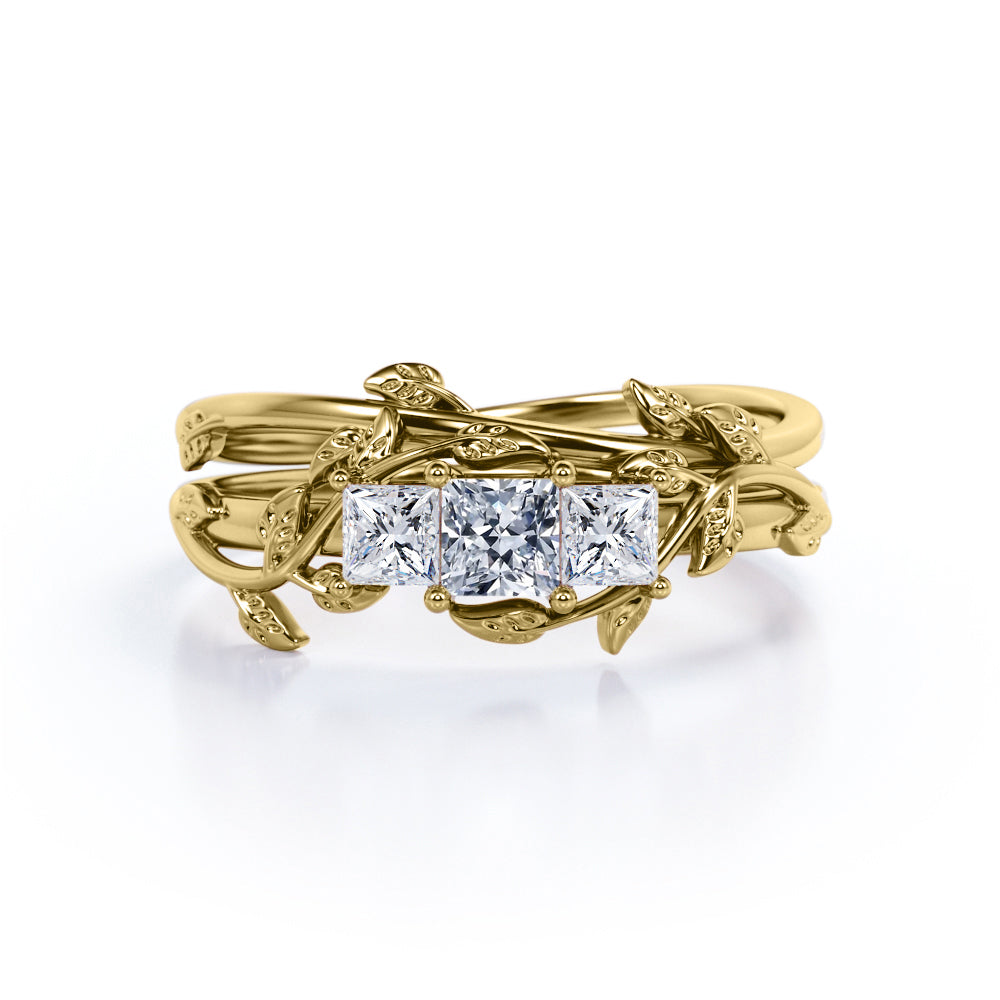 Nature inspired 1.15 carat Princess cut Moissanite and diamond three stone wedding ring set for her