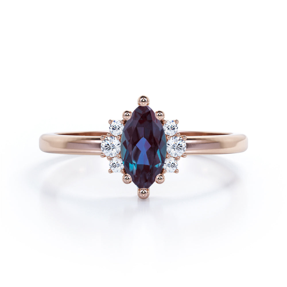 Unique 1.1 carat Marquise shaped Synthetic Alexandrite and diamond floral engagement ring in Black gold