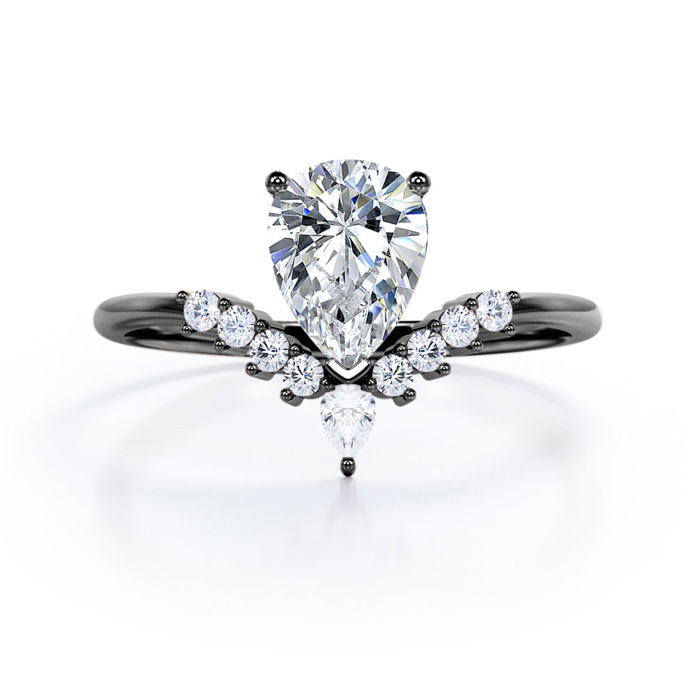 Antique V-shaped 1.15 carat Pear cut Moissanite and diamond engagement ring in White gold