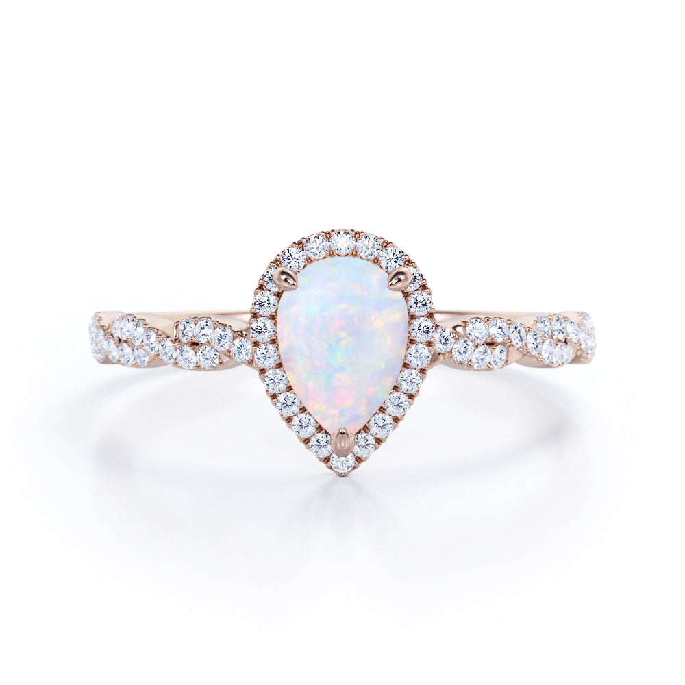 Antique infinity 1.5 carat Pear cut Australian Boulder Opal and diamond halo engagement ring in White gold