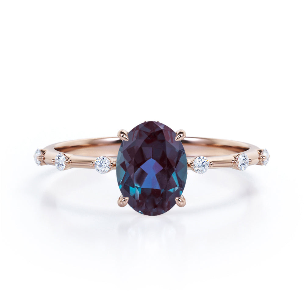 Twig style 1.1 carat Oval shaped Lab made Alexandrite and diamond nature inspired engagement ring in Black gold