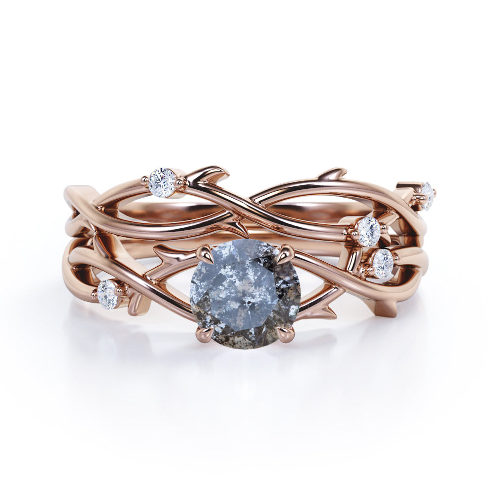 Artistic Vine 0.6 carat Round cut Salt and pepper diamond and White diamond twisted branch wedding ring set in White gold