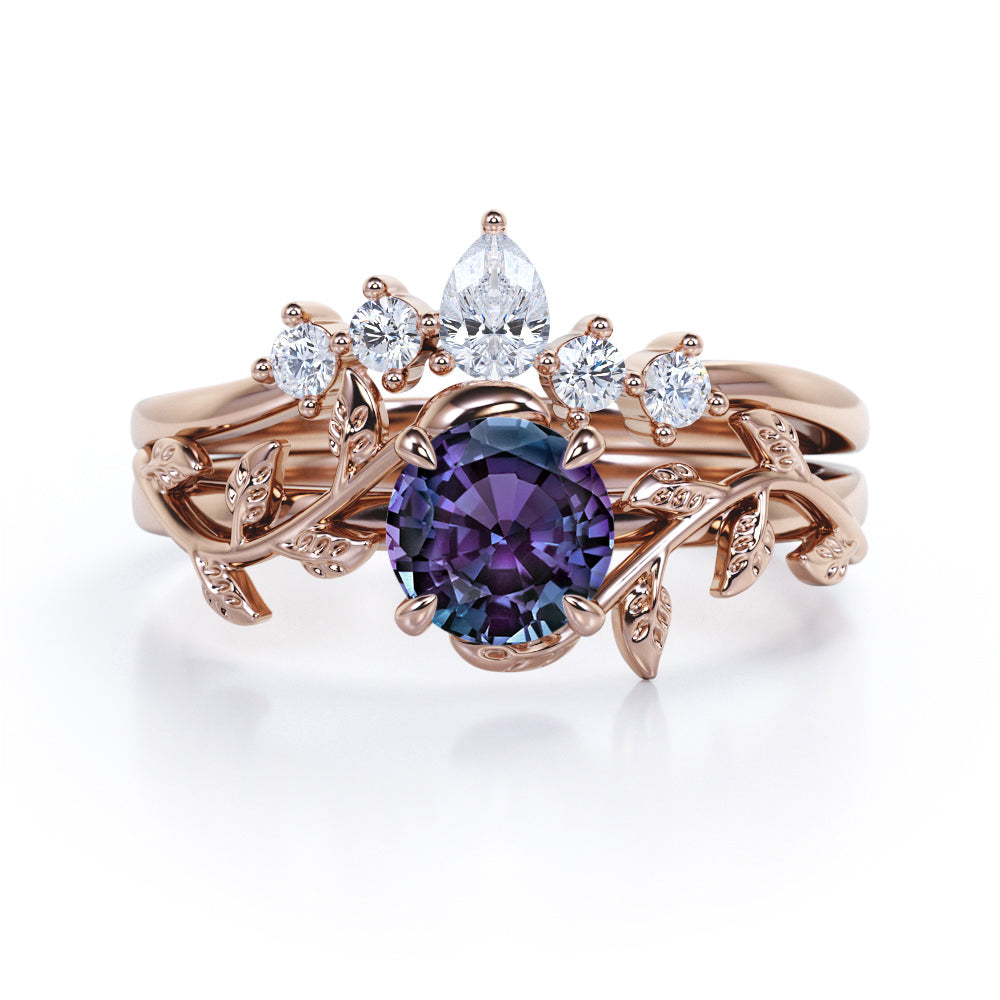 Floral Tiara 1.2 carat Round cut Lab created Alexandrite and diamond claw prong engagement ring in White gold