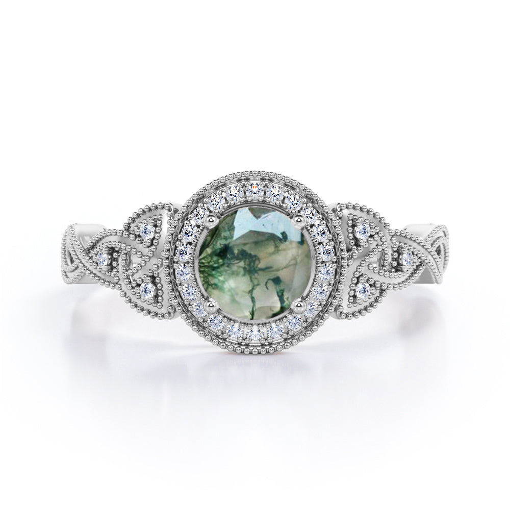 1.5 carat Round cut floral rope design Moss Green Agate and diamond halo engagement ring in Rose gold