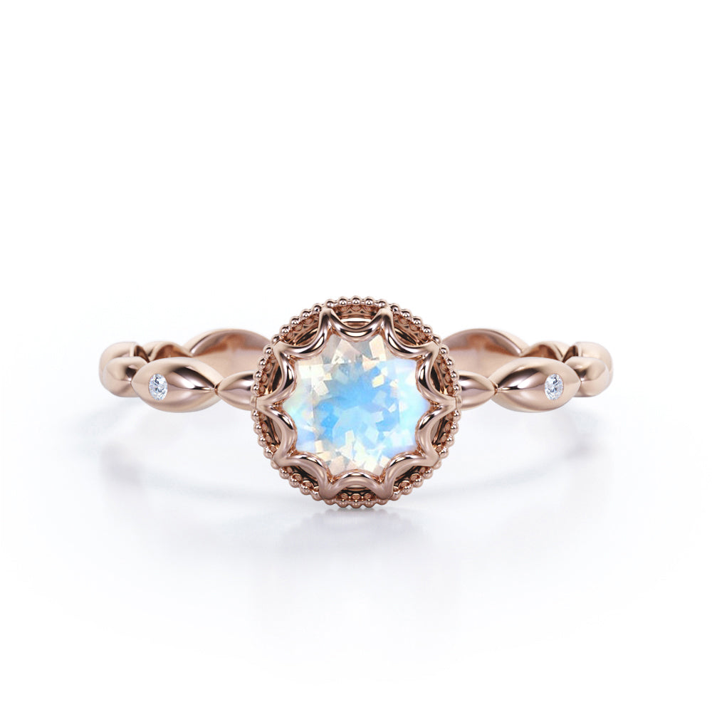 Flower Milgrain Halo 1 carat Round cut Blue Moonstone solitaire infinity engagement ring in White gold