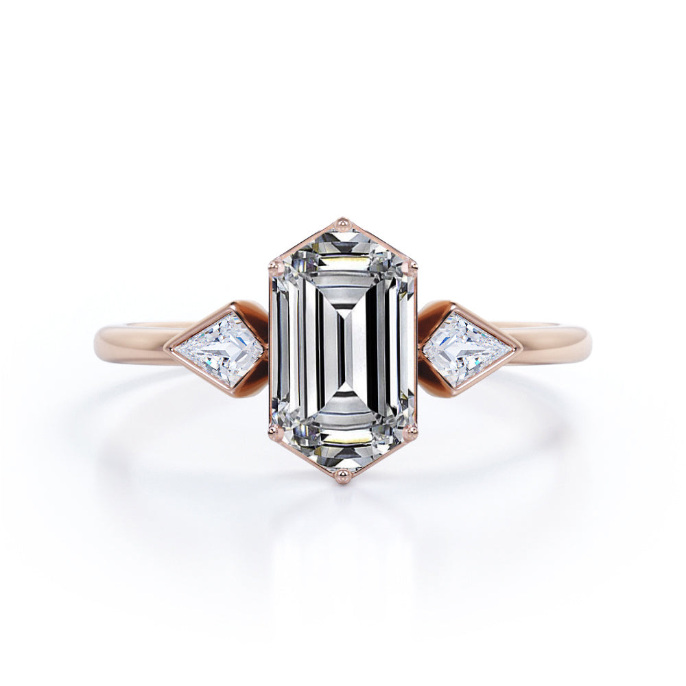 Asymmetric three stone 1.2 carat Hexagon cut Moissanite and Kite diamonds engagement ring in Black gold