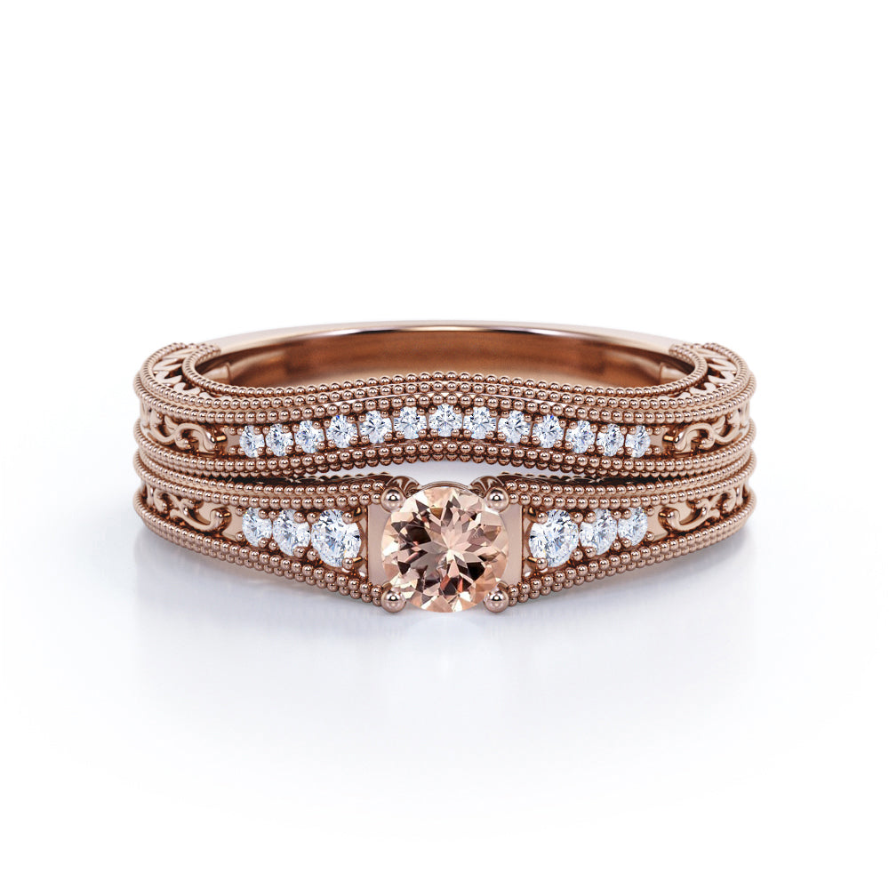 Contoured Milgrain 0.75 carat Round cut Peach Morganite and diamond floral filigree Bridal set for women in Yellow gold