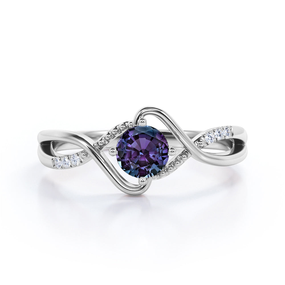 Twisted Branchlet 0.5 carat Round cut Synthetic Alexandrite and diamond infinity shank engagement ring in Black gold