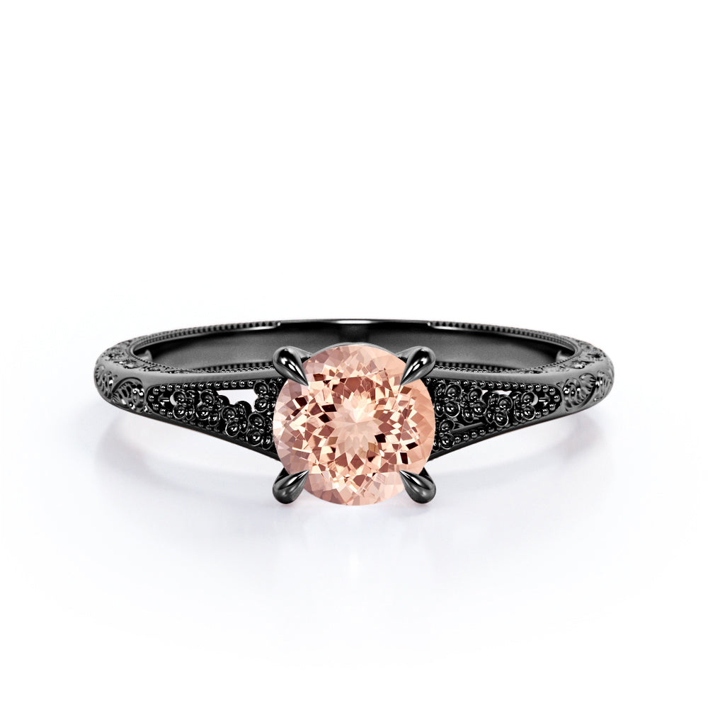 Filigree Split Shank 1 carat Round cut Pink Morganite nature inspired engagement ring in White gold