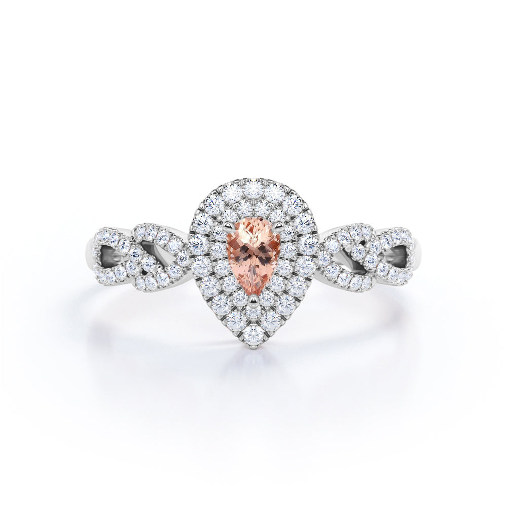 1.5 carat Pear cut Peach Morganite and diamond twisted double halo engagement ring in Rose gold