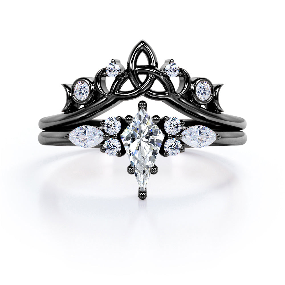 Triad Crown 1.25 carat Kite shaped Moissanite and diamond wedding ring set in rose gold