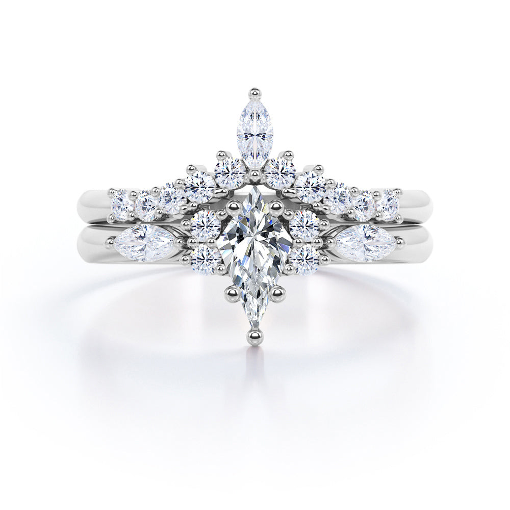 Boho inspired 1.5 carat Kite shaped Moissanite and diamond chevron wedding ring set in yellow gold
