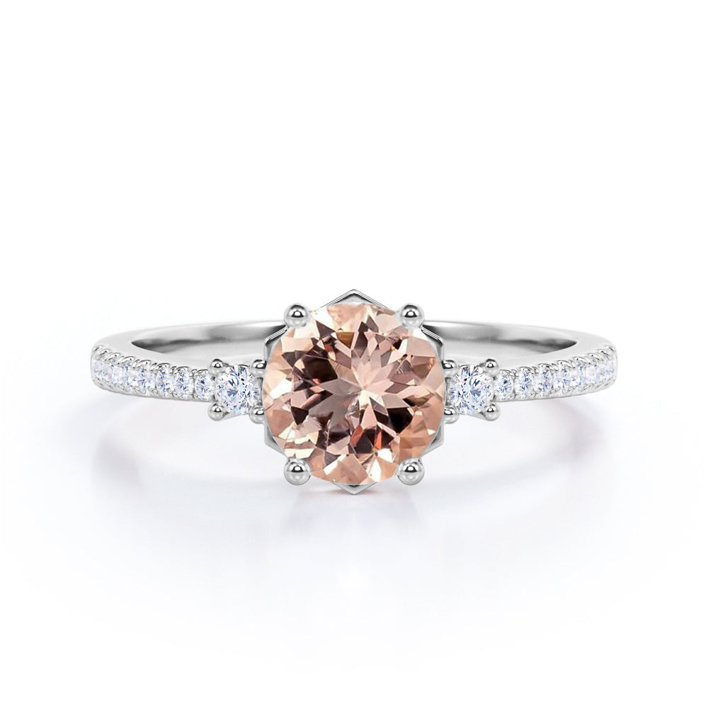 Asymmetric Bezel 1.25 carat Round cut Peach Morganite and diamond eternity style three stone wedding ring set in Yellow gold