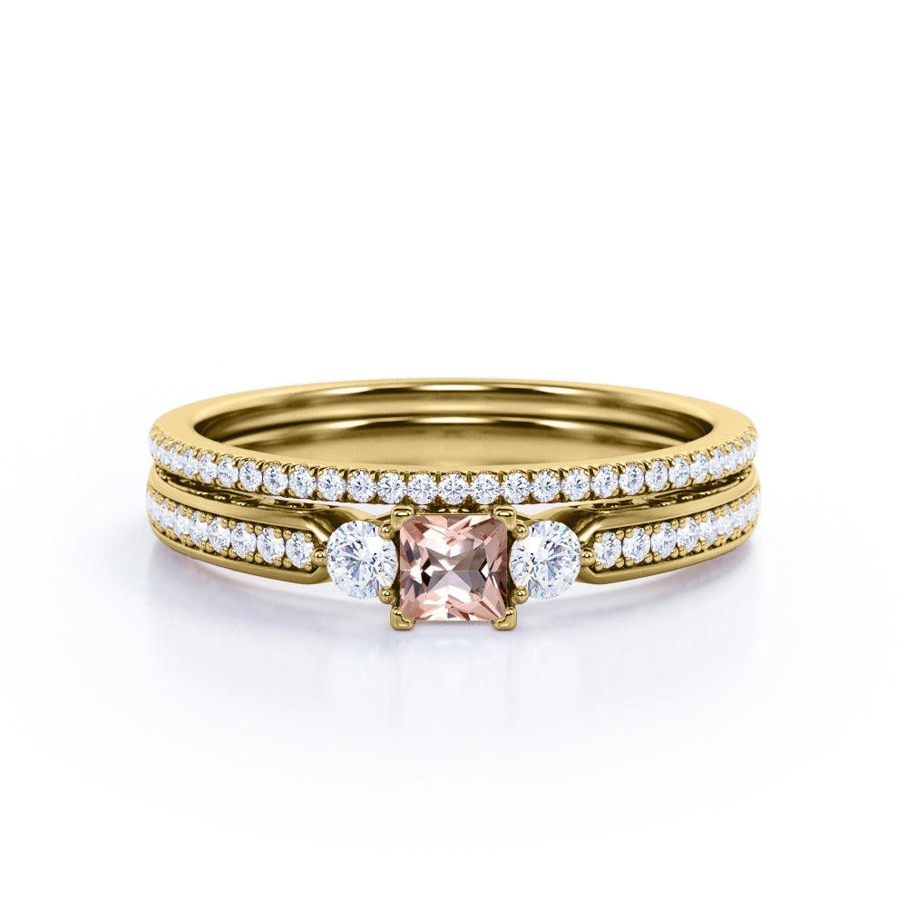 Antique trio 1 carat Princess cut Pink Morganite and pave diamonds eternity wedding ring set for her in Rose gold