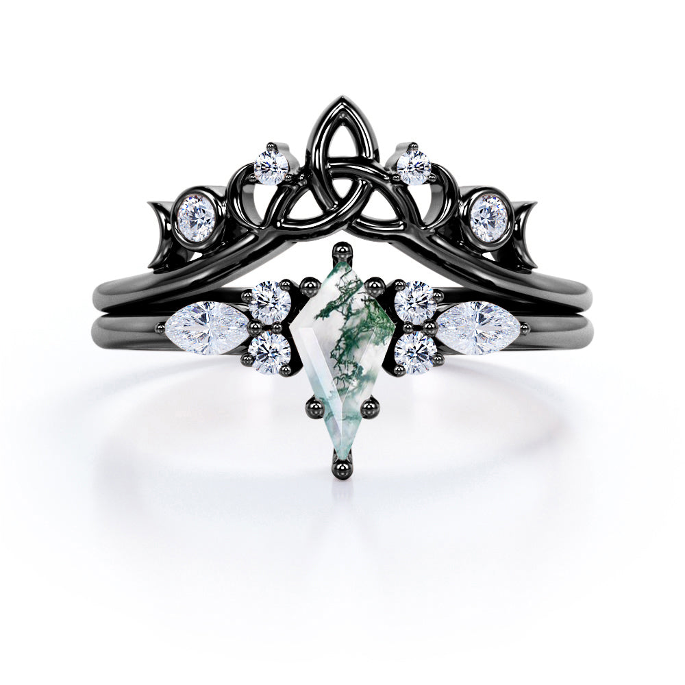 Contoured triad and chevron 1.25 carat Kite shape Moss Green Agate and diamond-7 stones-art deco inspired wedding ring set in Rose gold