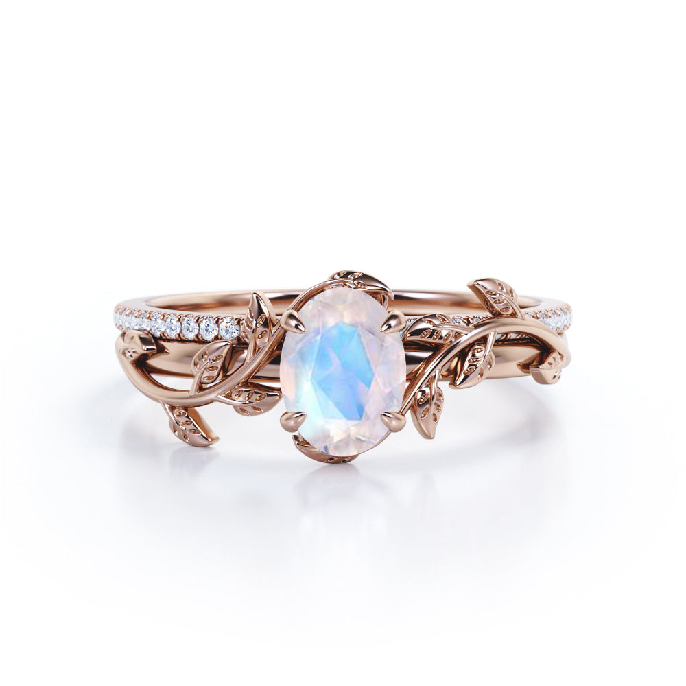 Olive leaf ring inspired Oval cut 1.25 carat Moonstone and diamond Wedding ring set in White gold