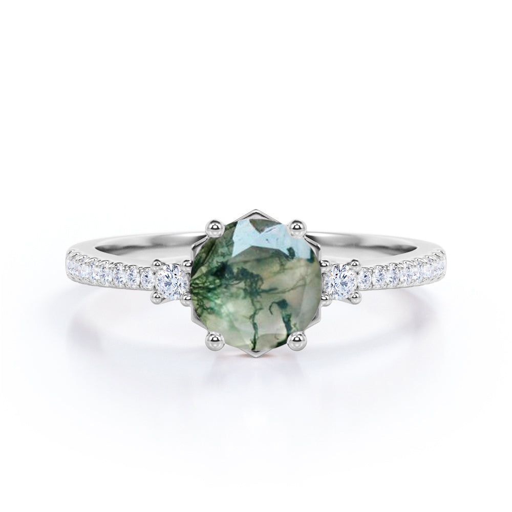 1.35 carat Round cut Moss Agate and diamond trinity pave engagement ring in Yellow gold