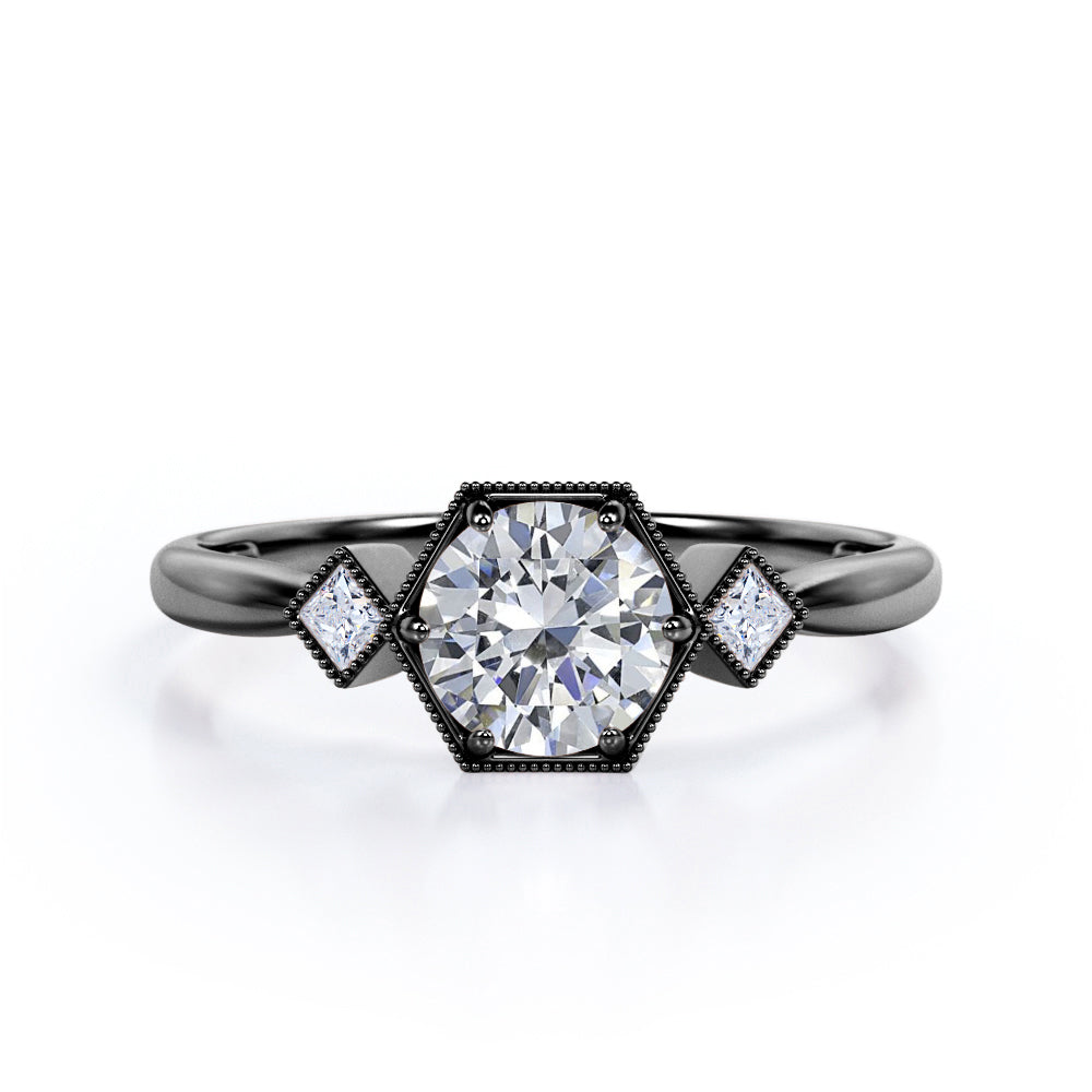 Trilogy Milgrain 1 carat Round cut Moissanite and diamonds tapered shank engagement ring in White gold