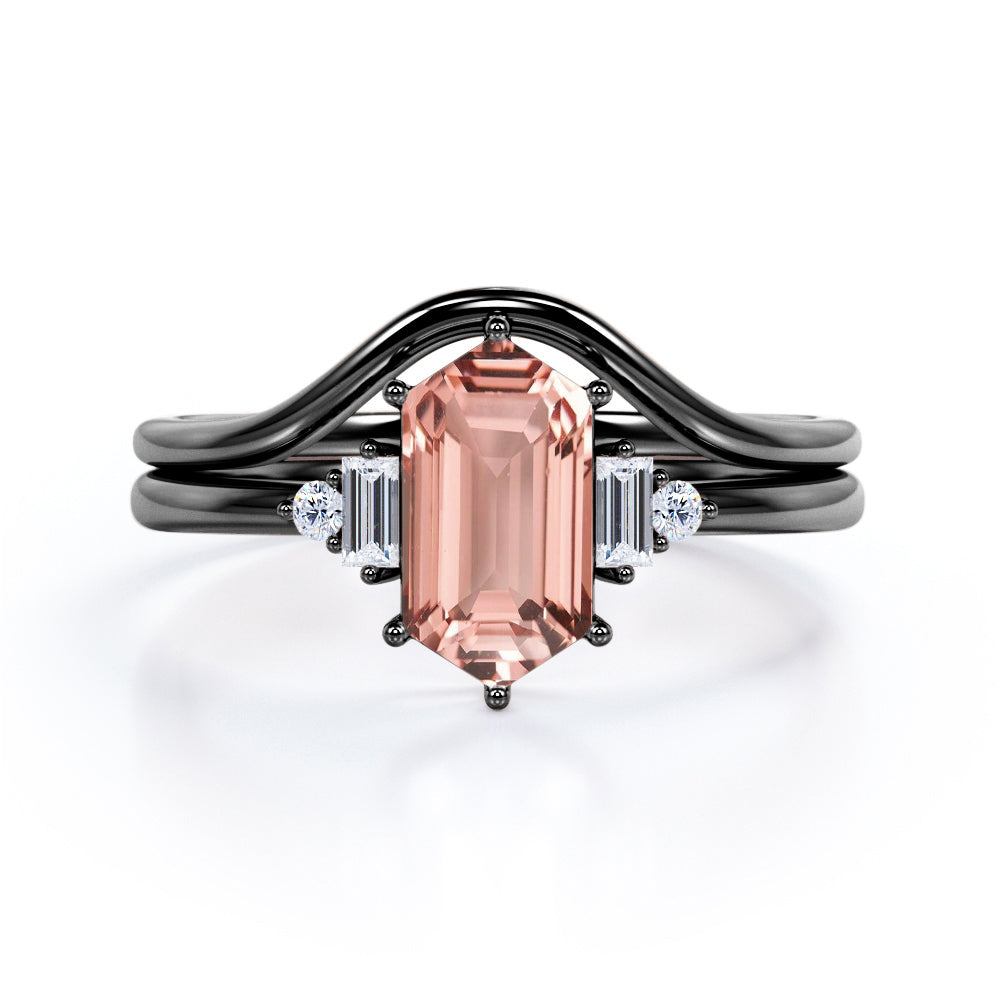 Simple Contoured 1.1 carat Hexagon cut Morganite and diamond 6 prong engagement ring in White gold