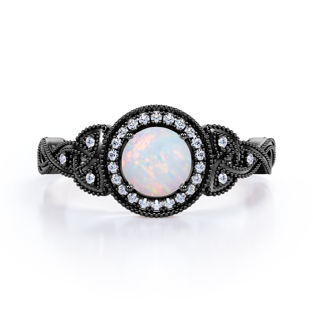 Grandiose 1.30 carat Round cut Ethiopian Opal and diamond twisted infinity halo engagement ring in White gold