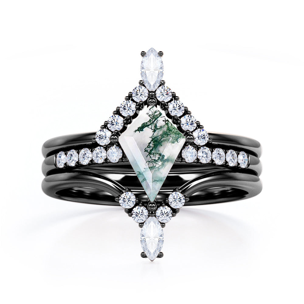 Eccentric Chevron style 1.4 carat Kite shaped Moss Green Agate and diamond trio wedding ring set for women in Rose gold