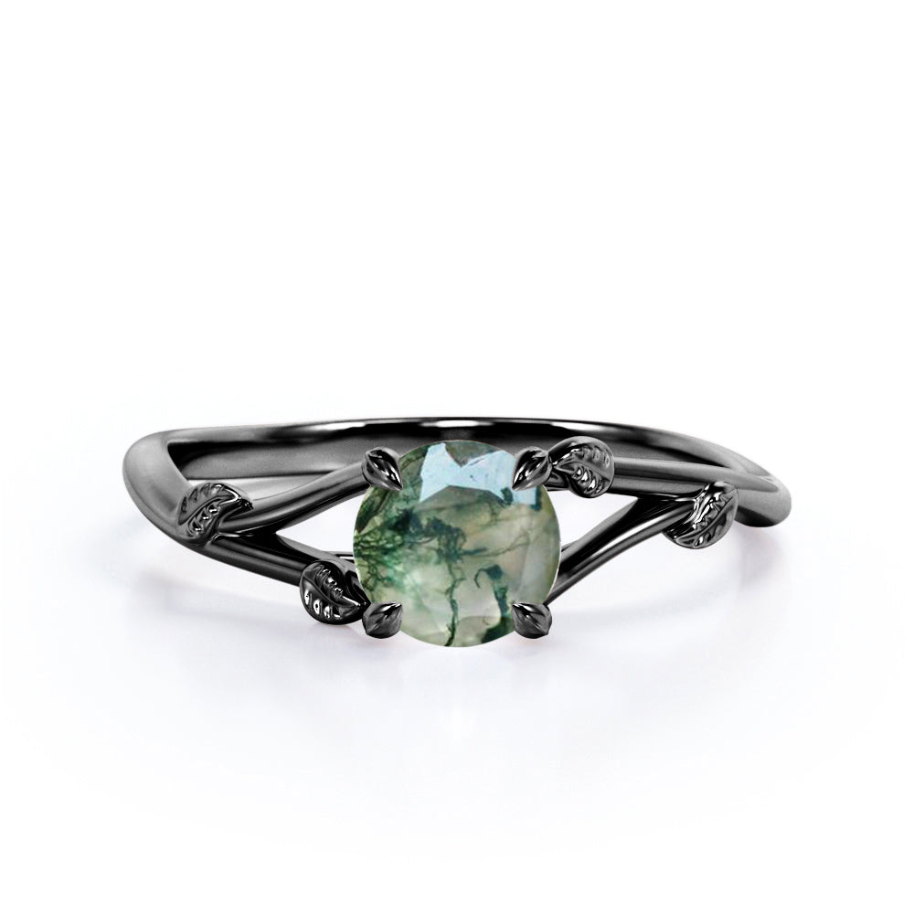 Branchlet Shank 1 carat Round cut Moss Green Agate vine and leaf engagement ring in White gold