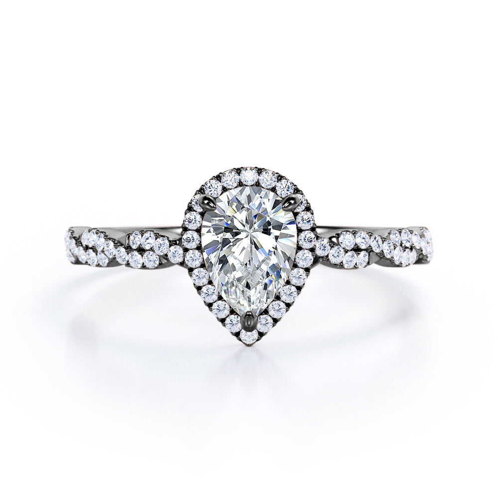 Twisted rope style 1.5 carat Pear cut Moissanite and diamond infinity halo engagement ring in Rose gold