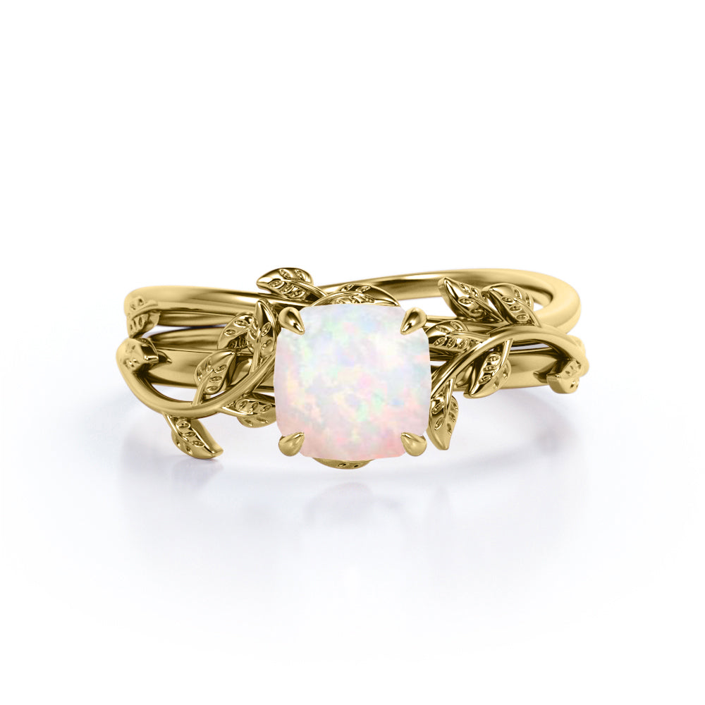 Unique 1 carat Cushion cut Fire Opal Nature-themed Bridal ring set in White gold