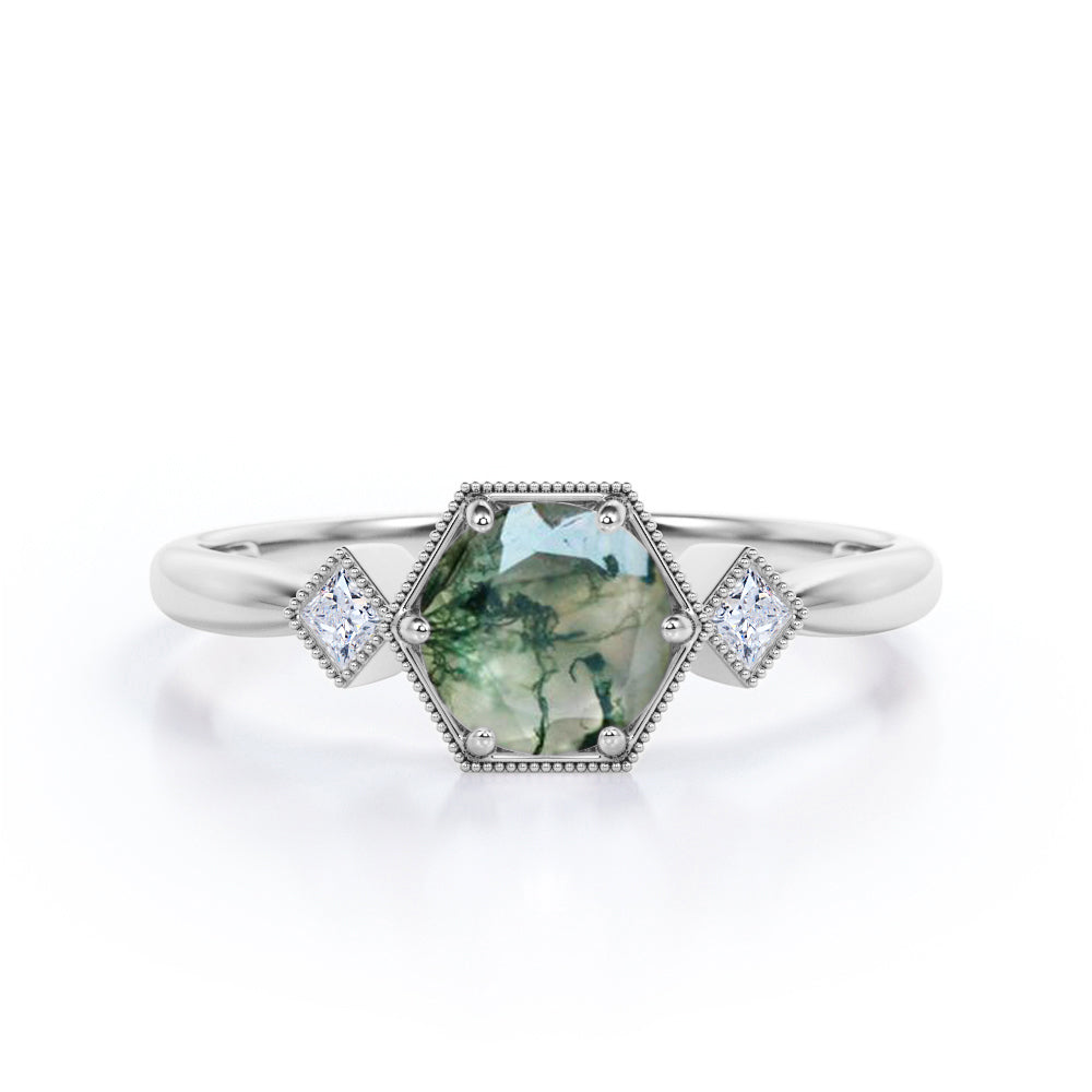Trillion Bead décor 1.1 carat Round cut Moss Green Agate and diamond tapered engagement ring in Rose gold