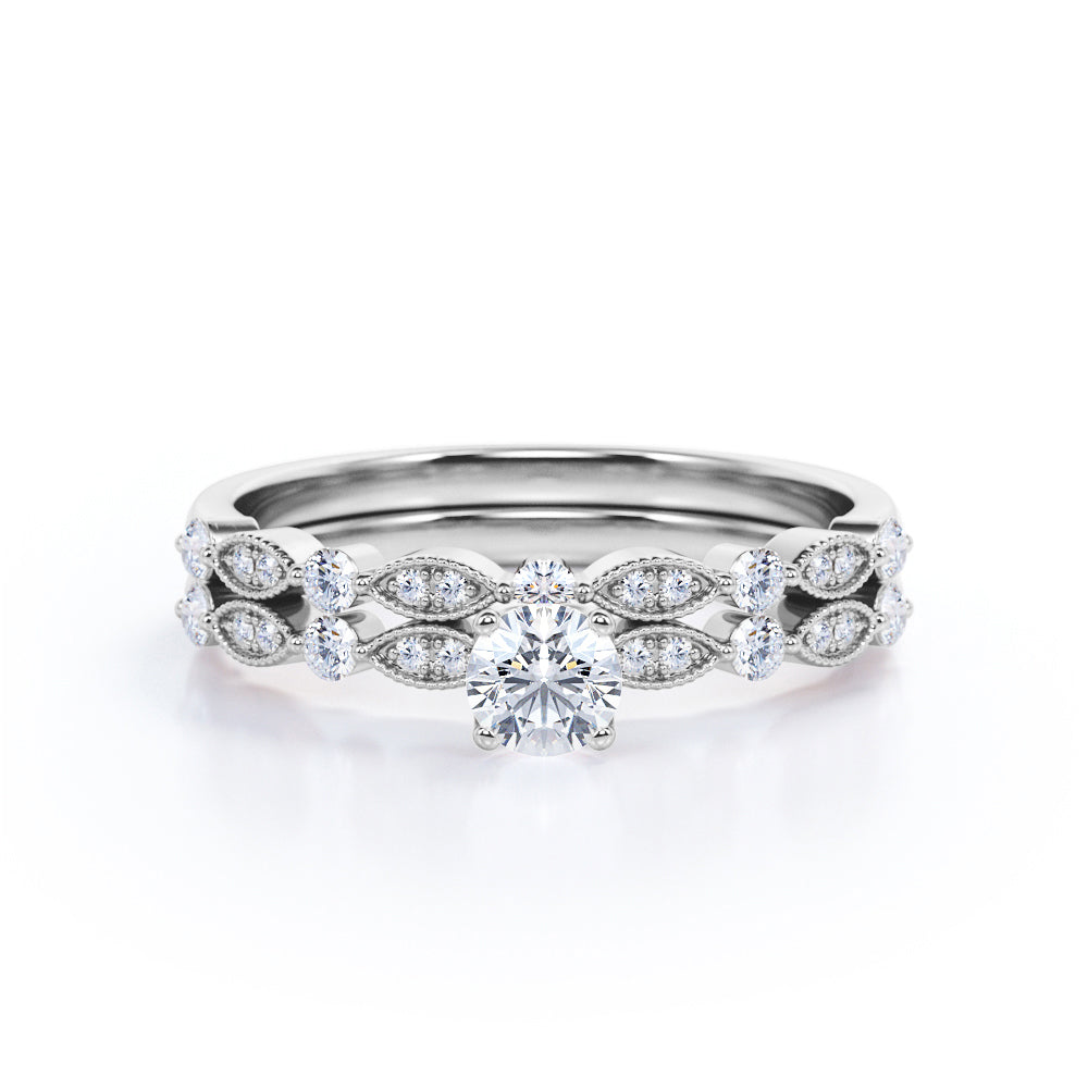Antique art deco inspired 1 carat Round cut Moissanite and diamond marquise and dot Bridal set for women in Yellow gold