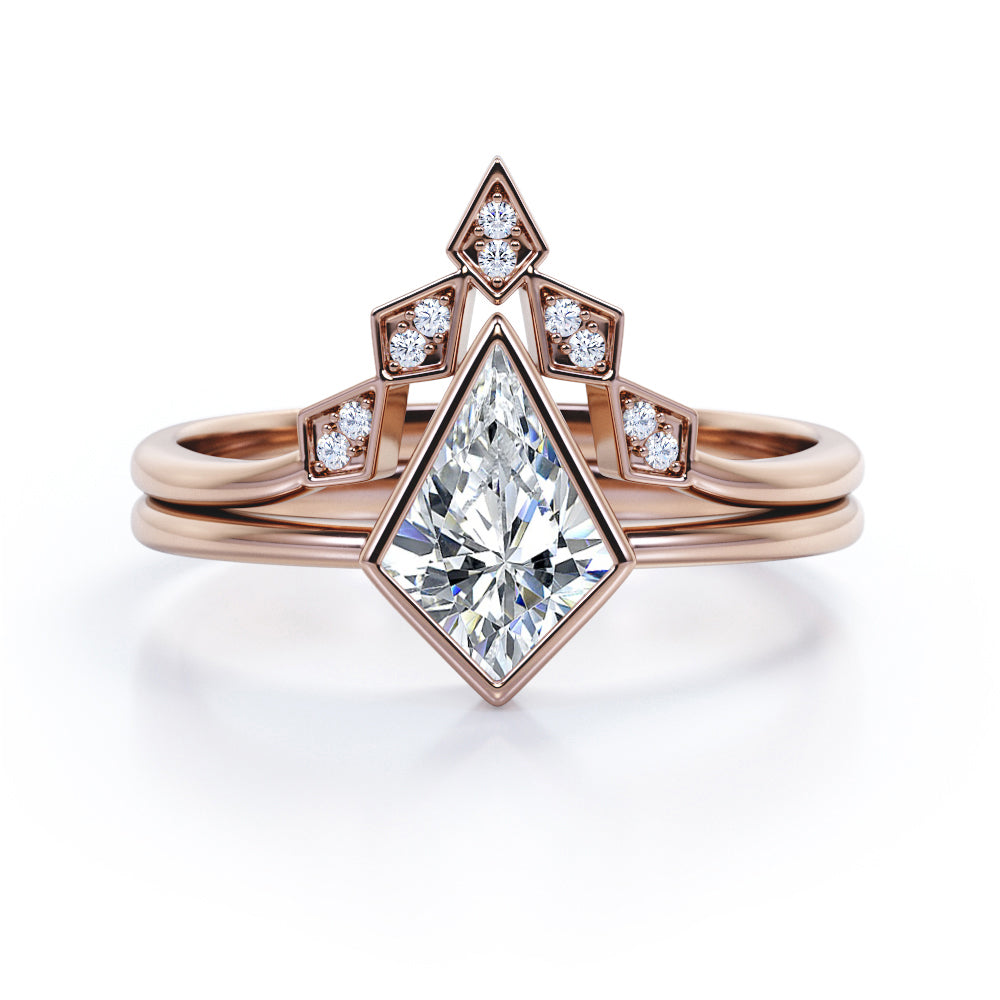 Kite Chevron 1.15 carat Moissanite and diamonds bezel wedding ring set for her in White gold