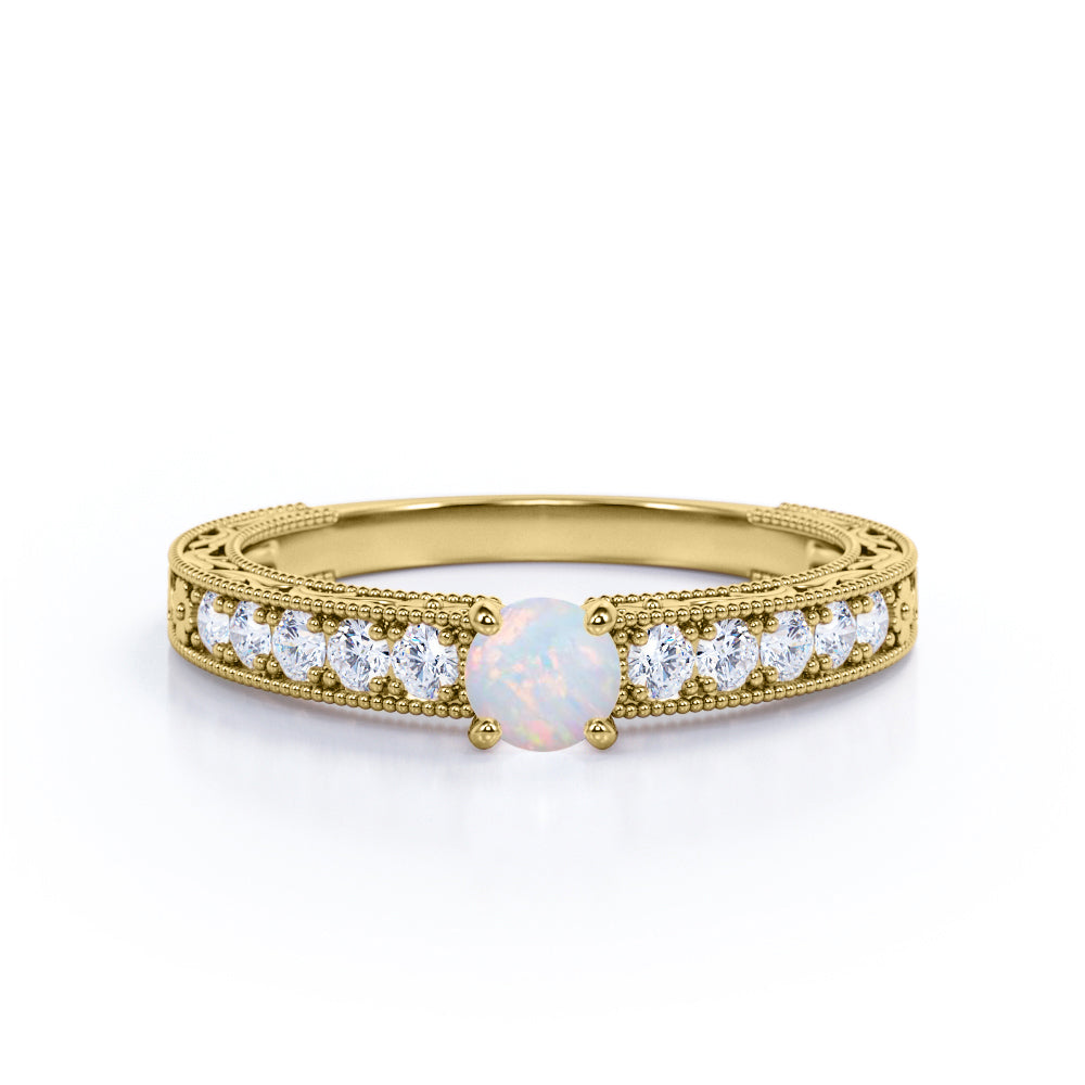 Bead Décor 0.6 carat Round cut Austrlian Opal and diamond channel set engagement ring for her in Rose gold