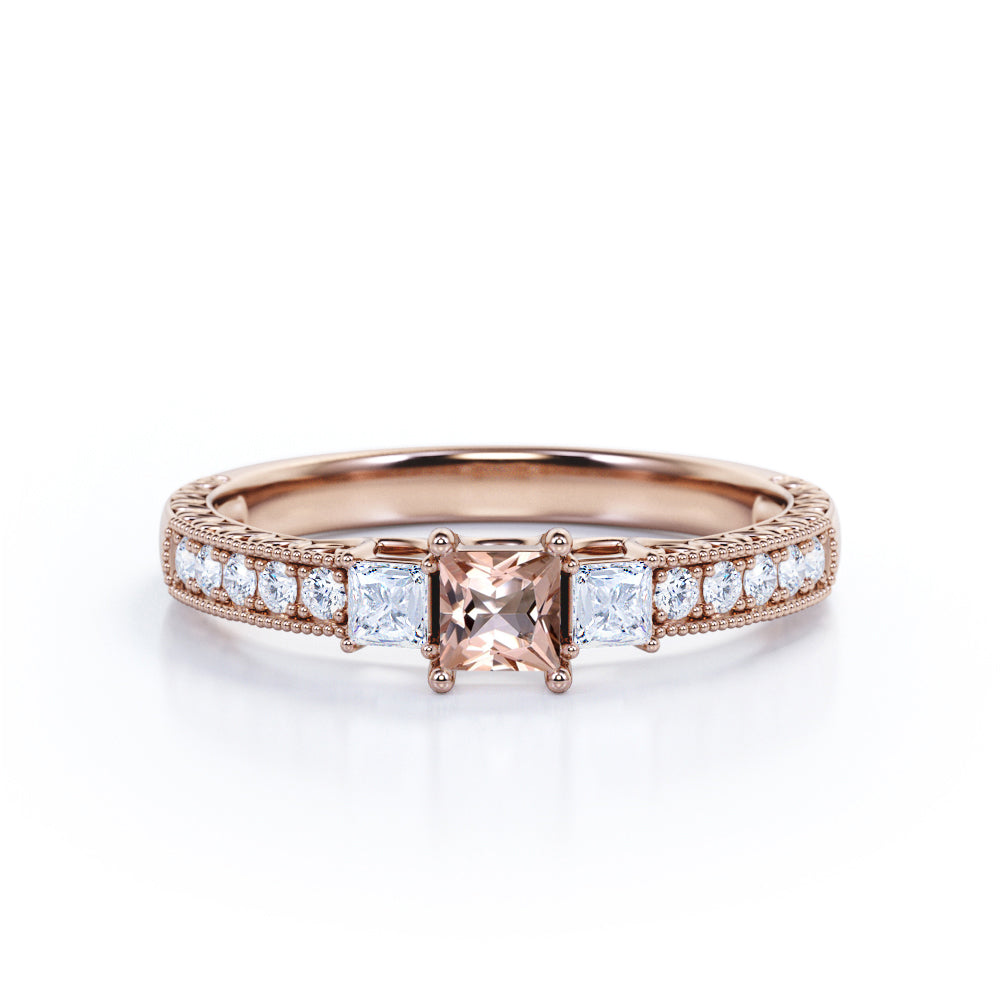 Petite Milgrain 0.75 carat Princess cut Morganite and diamond 3 stone engagement ring in White gold