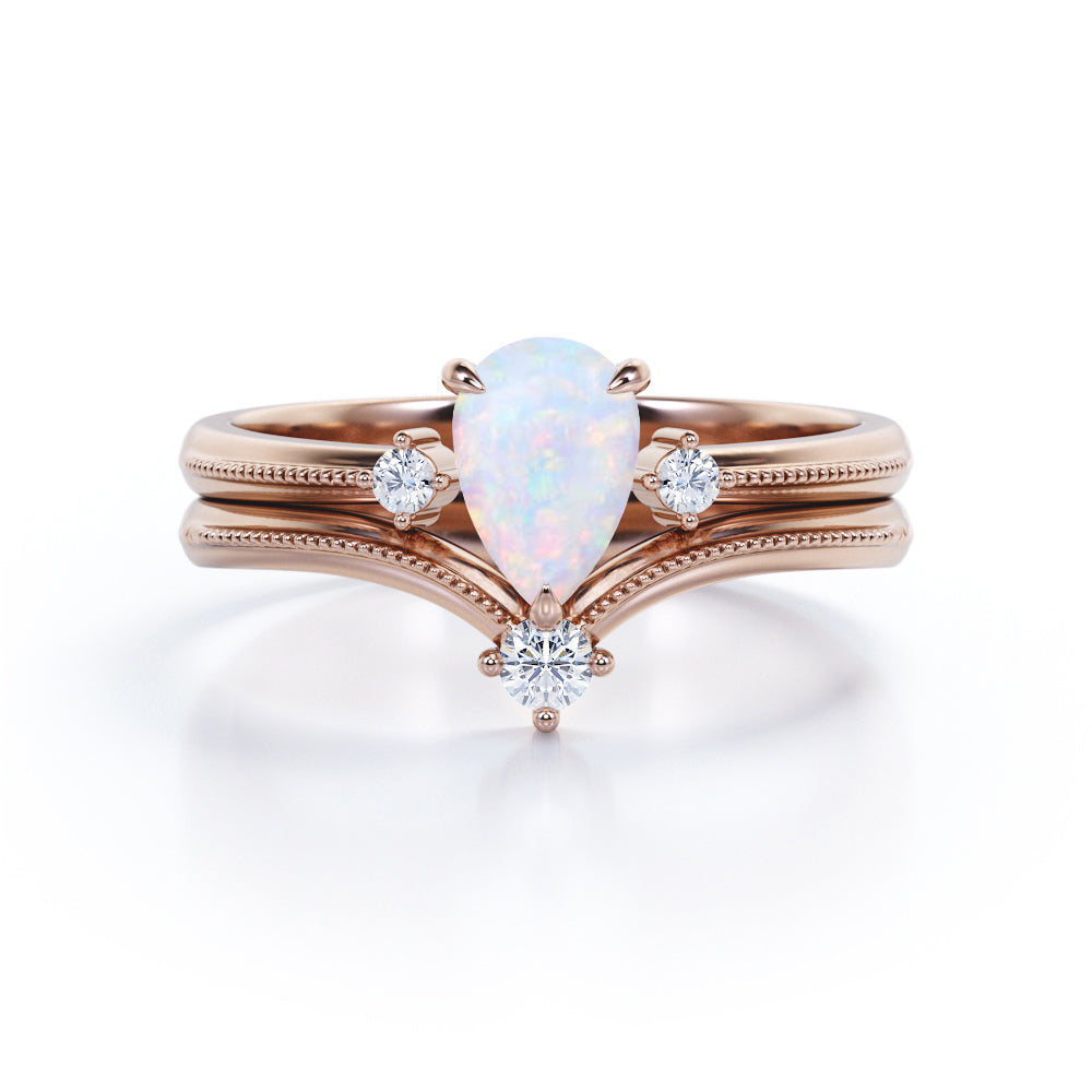 Chevron Crown Tiara 1.10 carat Pear cut Australian Fire Opal and Milgrain Border and diamond Wedding Bridal ring set