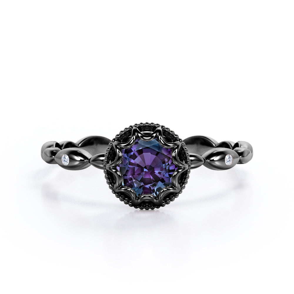 Vintage Scalloped 0.5 carat Round cut Synthetic Alexandrite and diamond milgrain halo engagement ring in White gold
