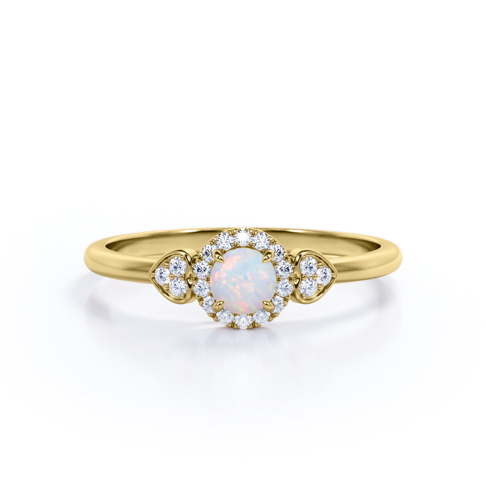 Romantic 0.75 carat Round cut Fire opal and diamond 3 stone halo engagement ring for women-Heart ring