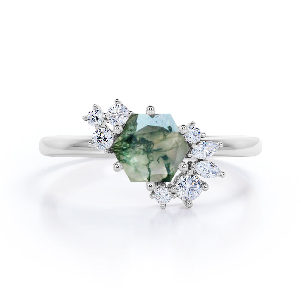 Aesthetic 0.65 carat Hexagon shaped Moss Green Agate and diamond art deco inspired engagement ring in Black gold