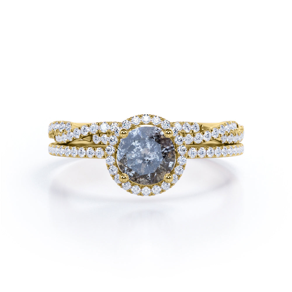 Vintage Halo 1.1 carat Round cut salt and pepper diamond Engagement ring with diamond infinity wedding band - Bridal set in White gold