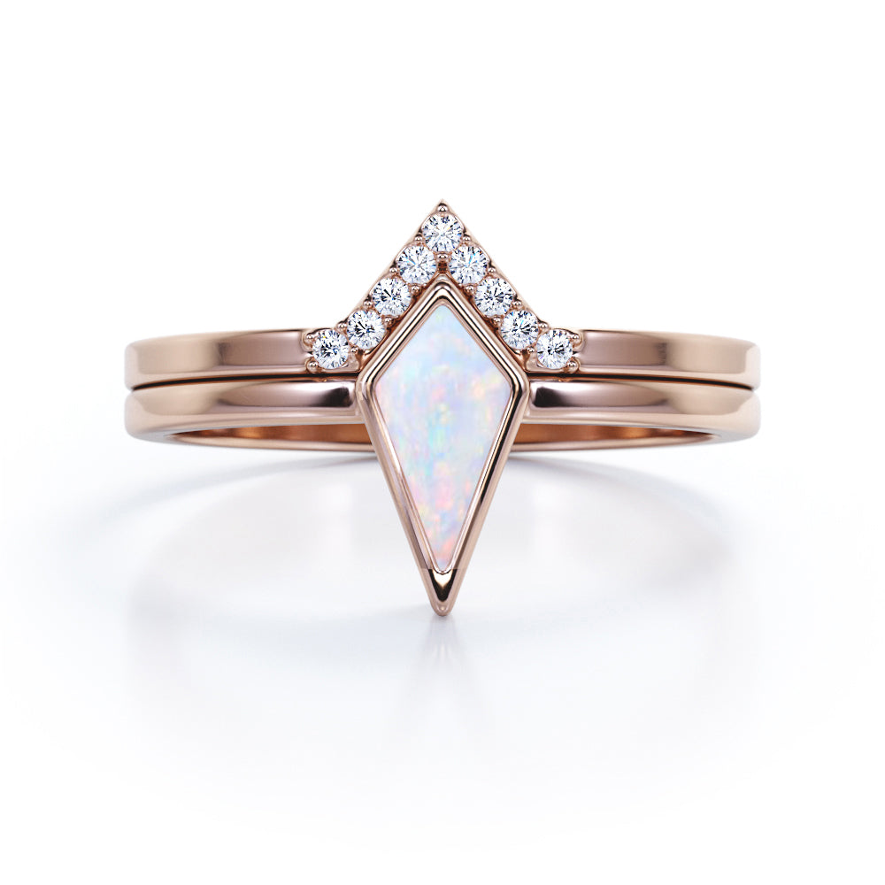 Bezel Crown 1.10 carat Kite Cut Opal and pave diamonds vintage tapered shank engagement ring in Rose gold