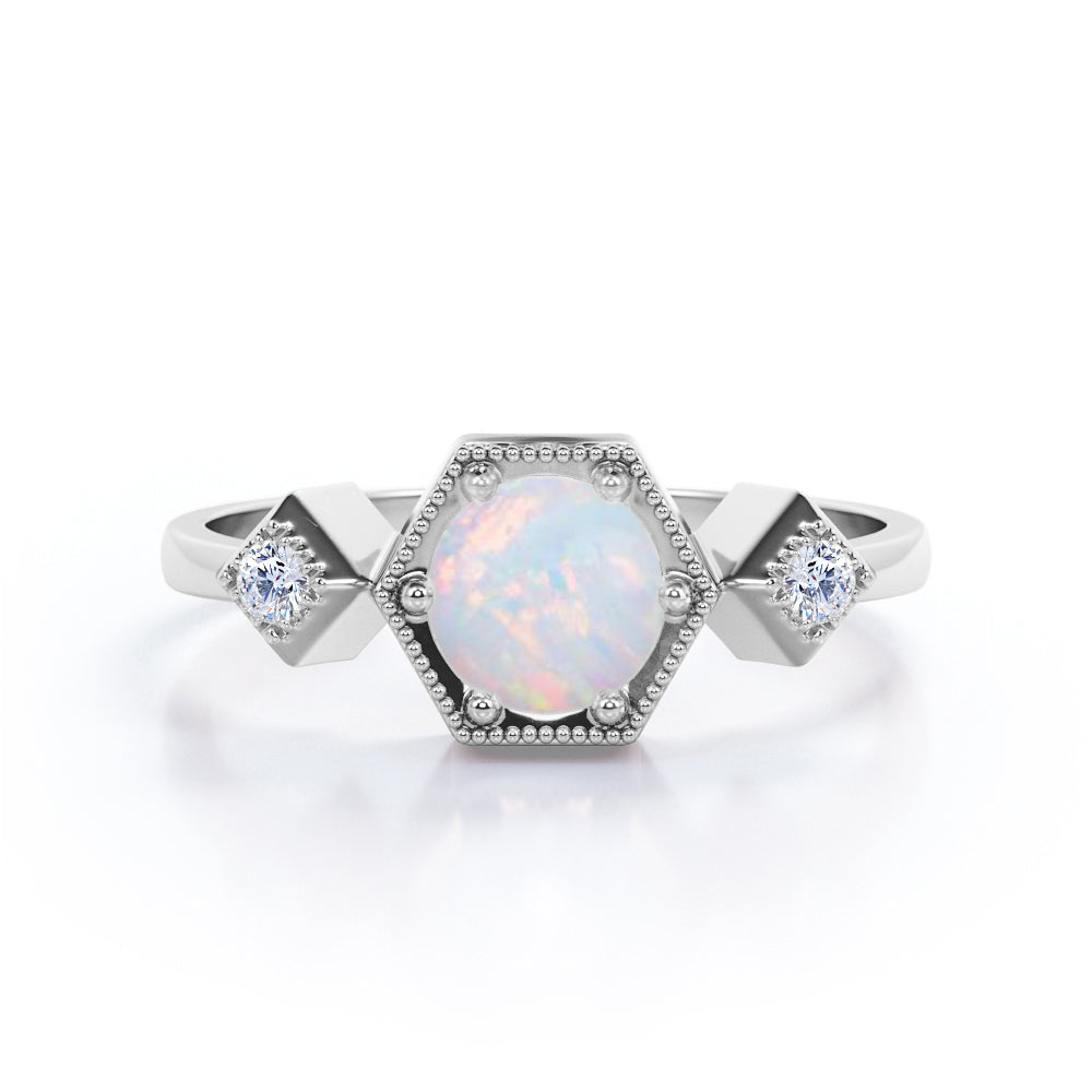 Triple stone 1.10 carat Round cut Ethiopian Opal and diamond 6 prong engagement ring in yellow gold