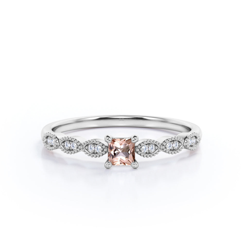Antique beaded 0.75 carat Princess cut Morganite and diamond claw prong engagement ring in Yellow gold