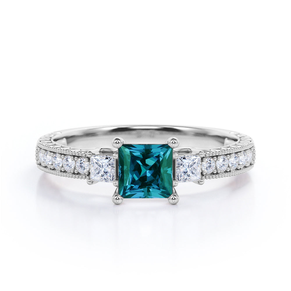 Milgrain Trilogy 1.25 carat Princess cut Alexandrite and diamond antique art deco engagement ring in Rose gold