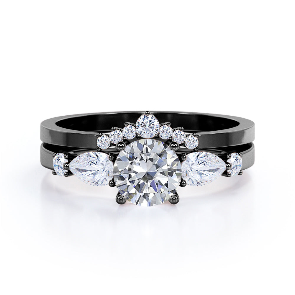 Vintage Tiara inspired 1.2 carat Round cut Moissanite and diamond wedding ring set in white gold