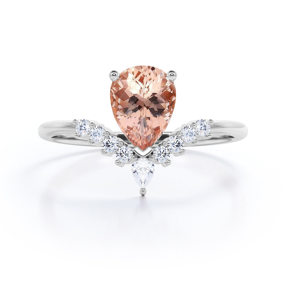 Antique Crown inspired 1.25 carat Pear Shaped Morganite and diamond engagement ring in Rose gold