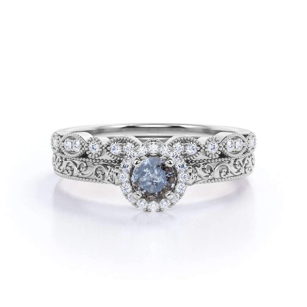 Authentic Filigree 0.75 carat Round cut Salt and pepper diamond and White diamond halo style wedding ring set in Rose gold