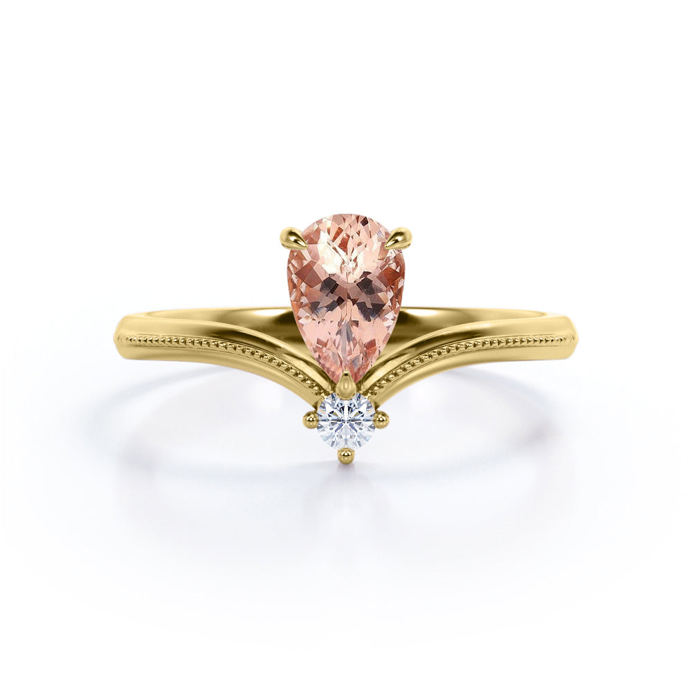 V-shape 1 carat Tear drop Morganite and diamond Milgrain engagement ring in White gold